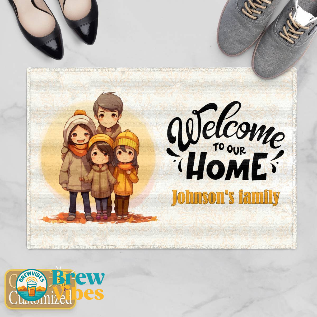 Welcome to Our Home with Family of Four - Your Family's Name Door Mat