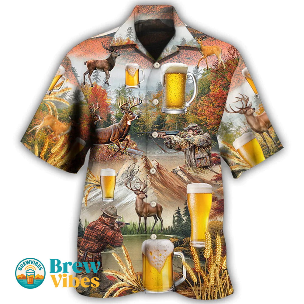 Beer And Hunting Deer Autumn Moutain Hawaiian Shirt