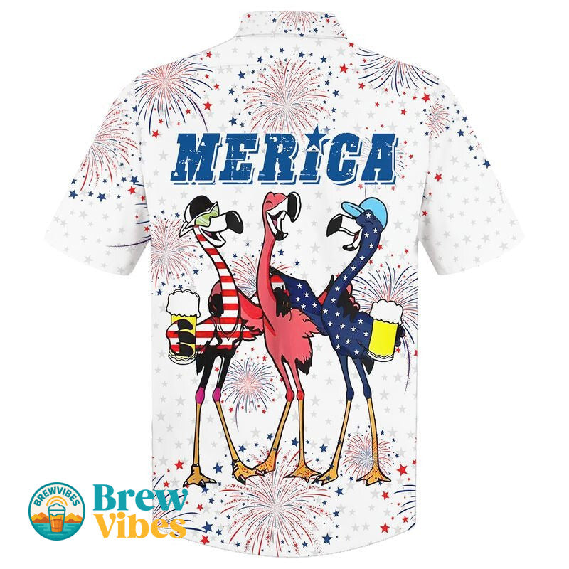 Flamingo Hawaiian Shirt, Full Printed Flamingo Drinking Beer In Usa Flag Happy Independence Day, 4Th Of Jul Gift