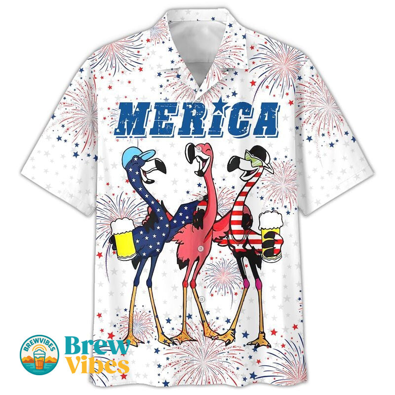Flamingo Hawaiian Shirt, Full Printed Flamingo Drinking Beer In Usa Flag Happy Independence Day, 4Th Of Jul Gift