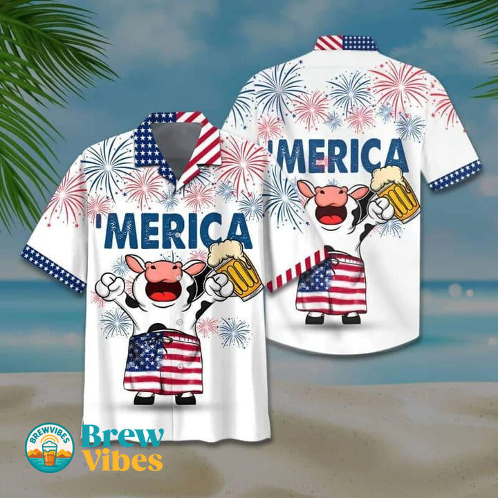 Funny Cow And Beer Hawaiian Shirt, Unisex Print Aloha Short Sleeve Casual Shirt, Independence Day Cow Hawaiian Shirt