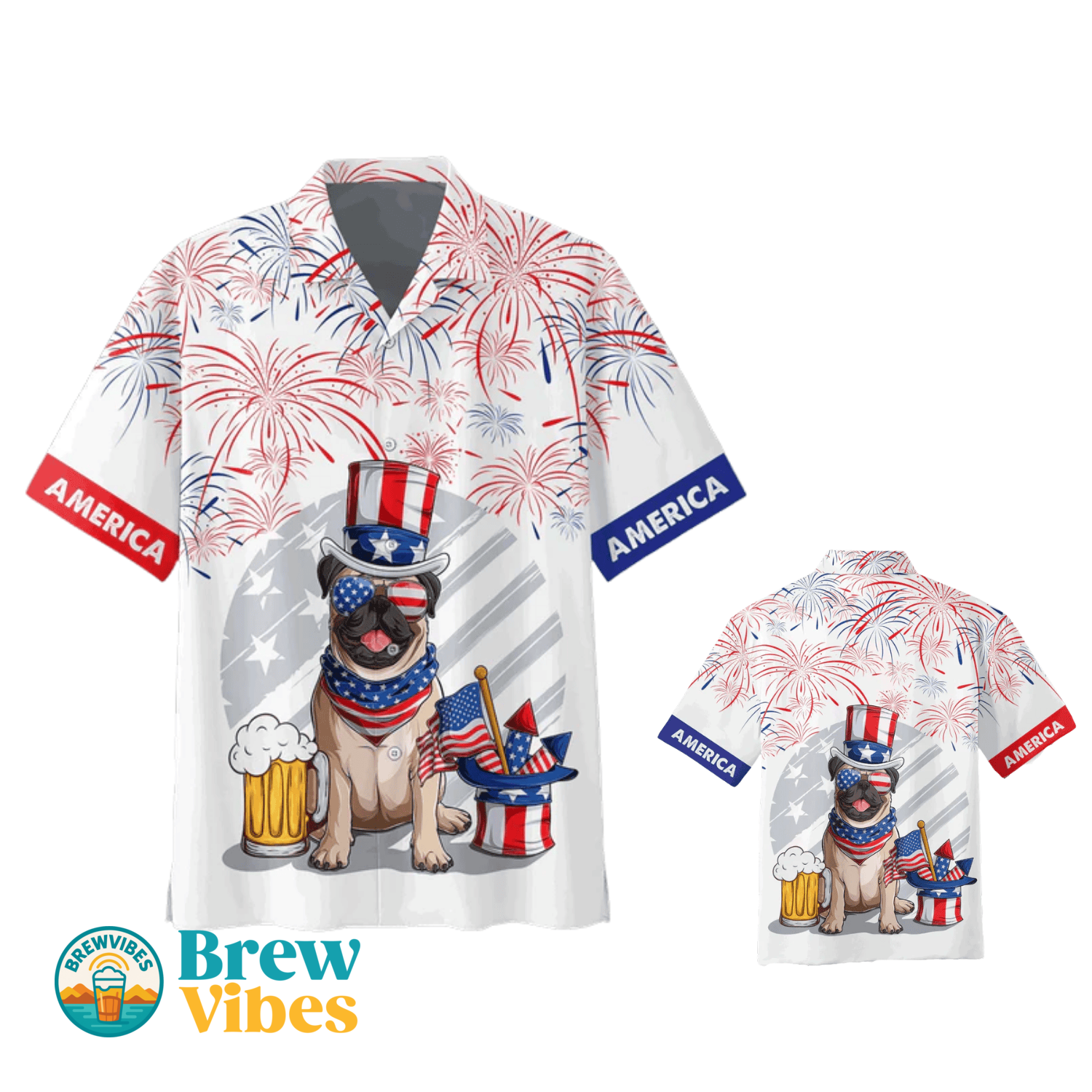 3D Full Print Independence's Day Hawaiian Shirt, Pug And Beer Hawaiian Summer Beach Shirt, 4Th Of Jul Hawaiian Dog Shirt