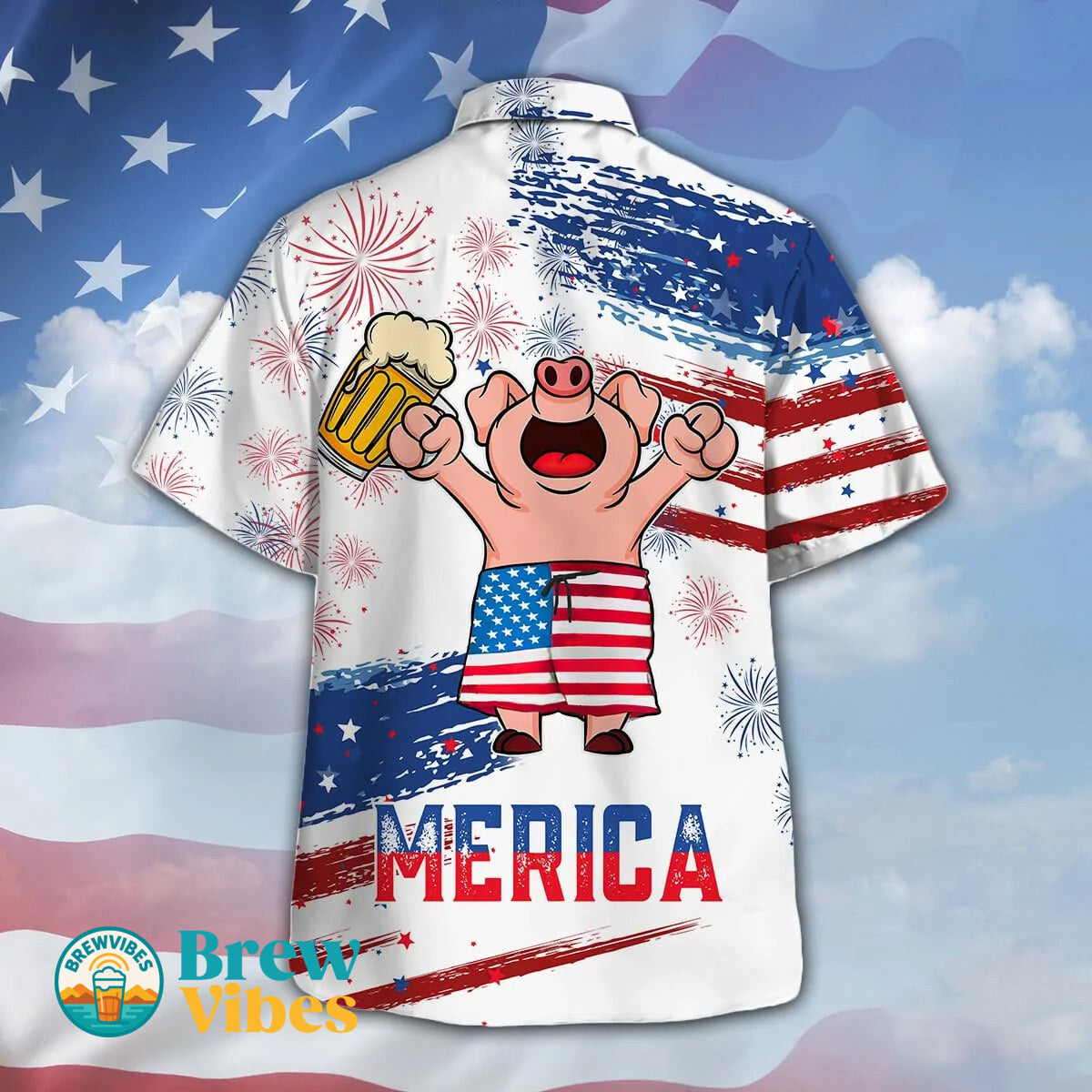 Pig Drink Beer Hawaiian Shirt Funny Merica Pig USA Flag Pattern Hawaiian Shirt Men Women
