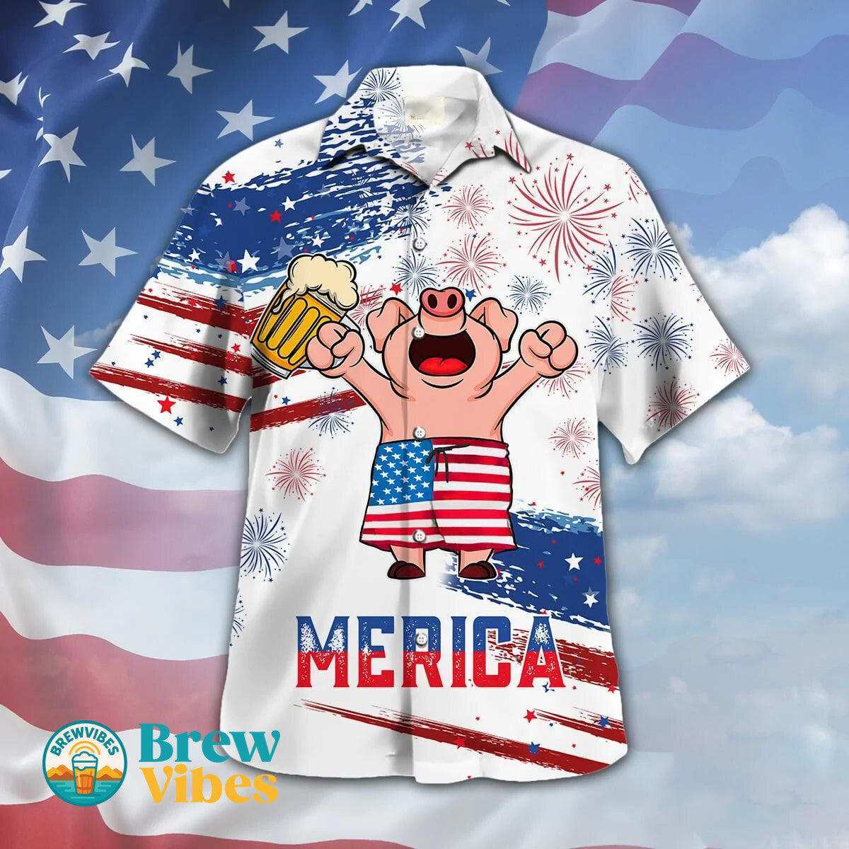 Pig Drink Beer Hawaiian Shirt Funny Merica Pig USA Flag Pattern Hawaiian Shirt Men Women