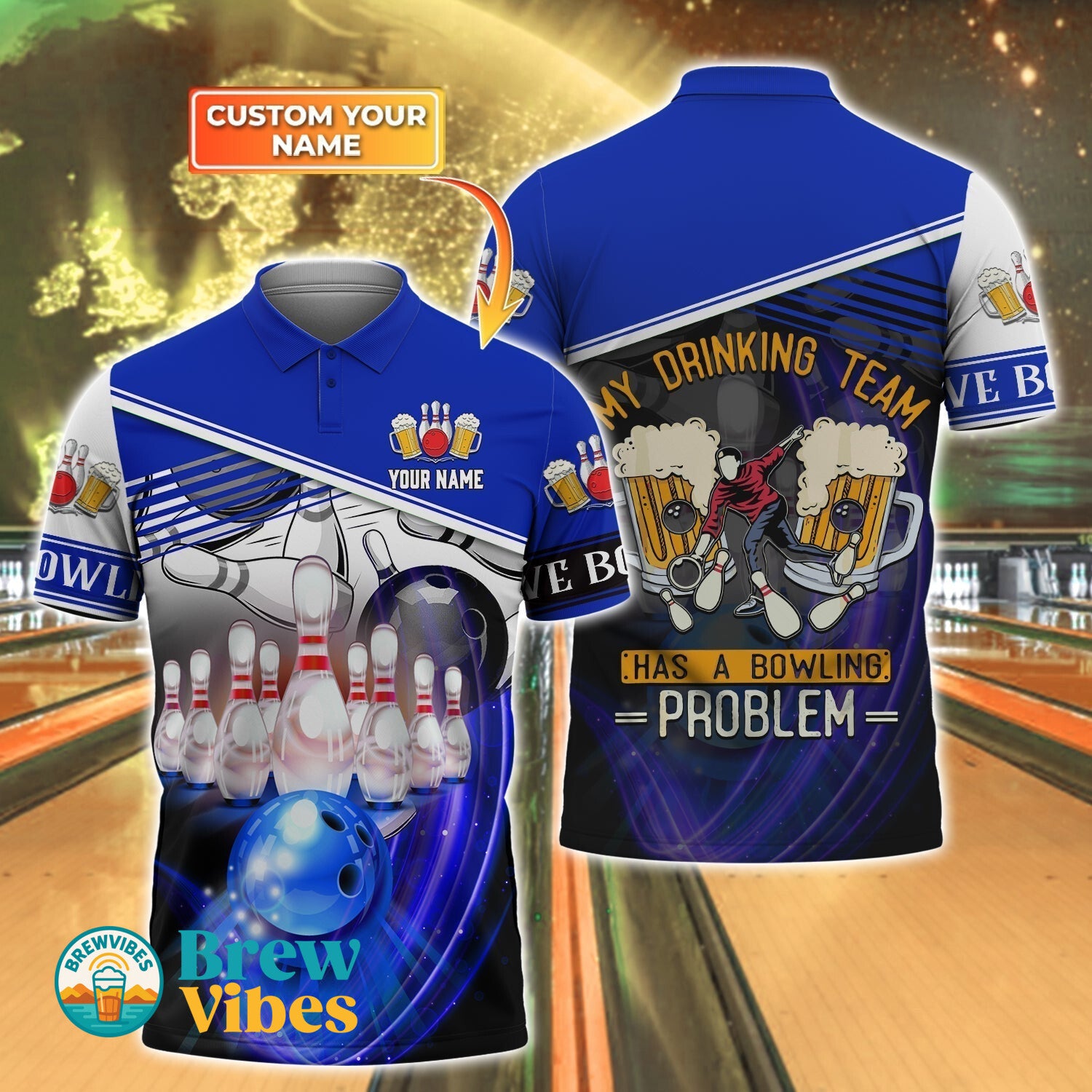 3D Full Printed Bowling And Beer Polo Shirt With Custom Name