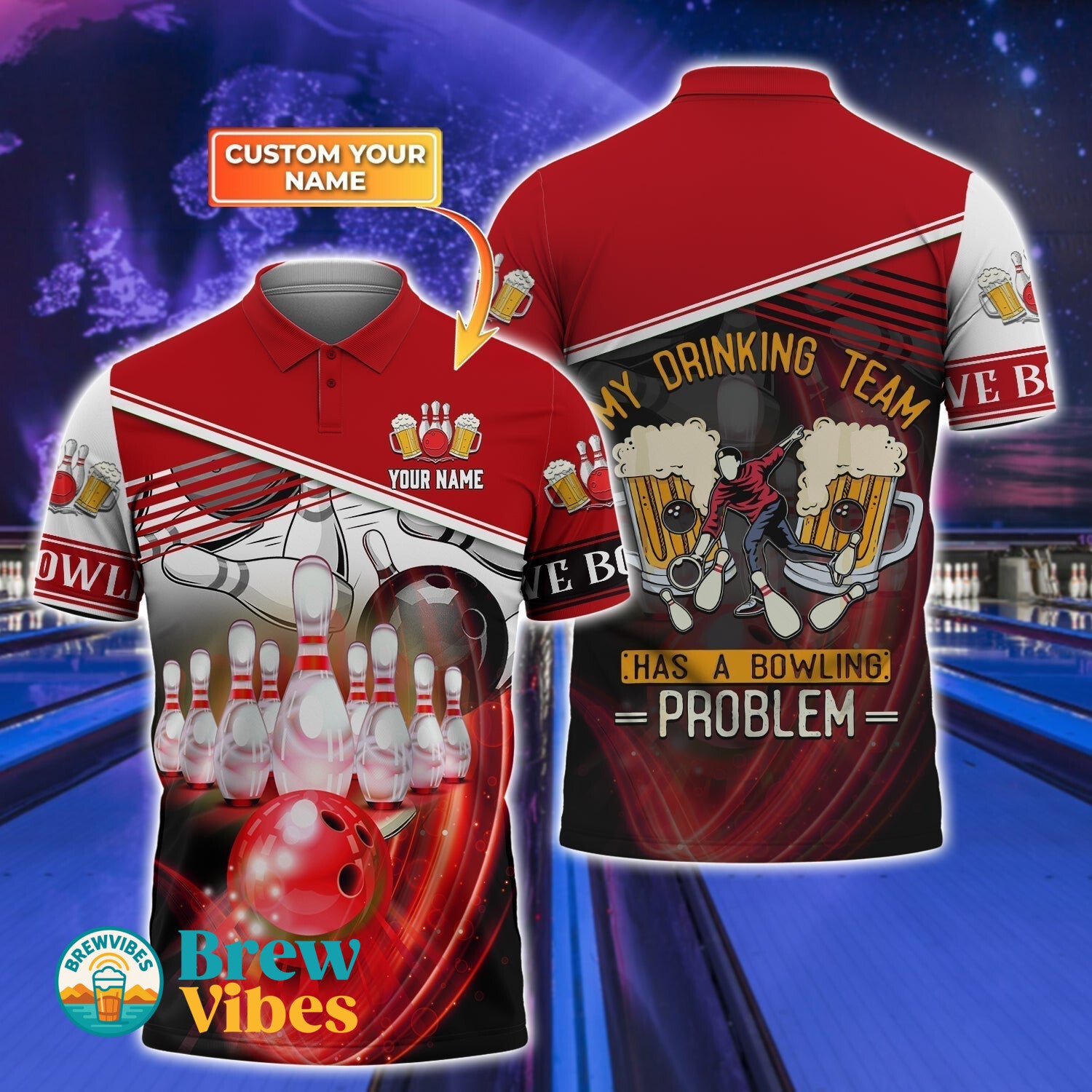 Bowling And Beer 3D Full Printed Polo Shirt With Custom Name