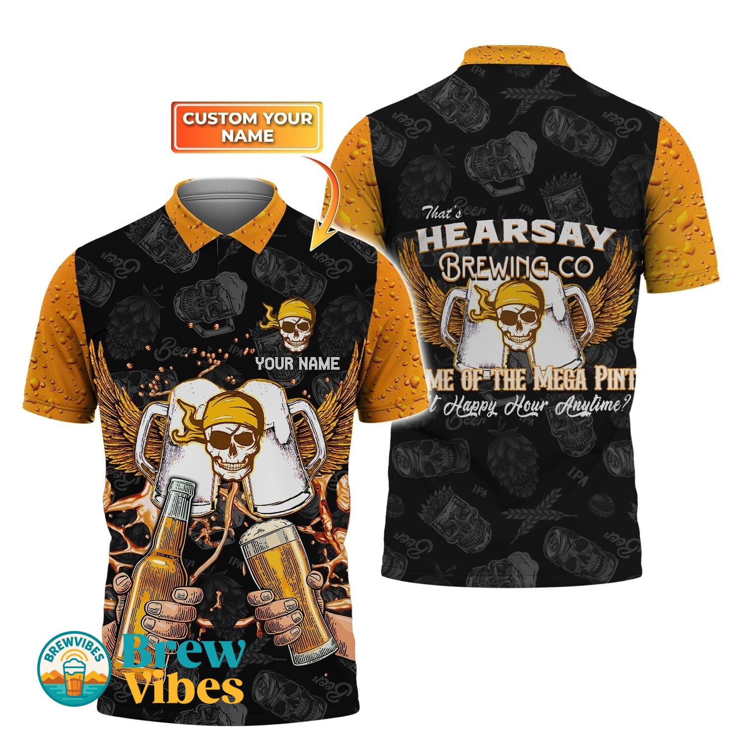 Hearsay Brewing Co Personalized Name 3D Beer Lover Polo Shirt