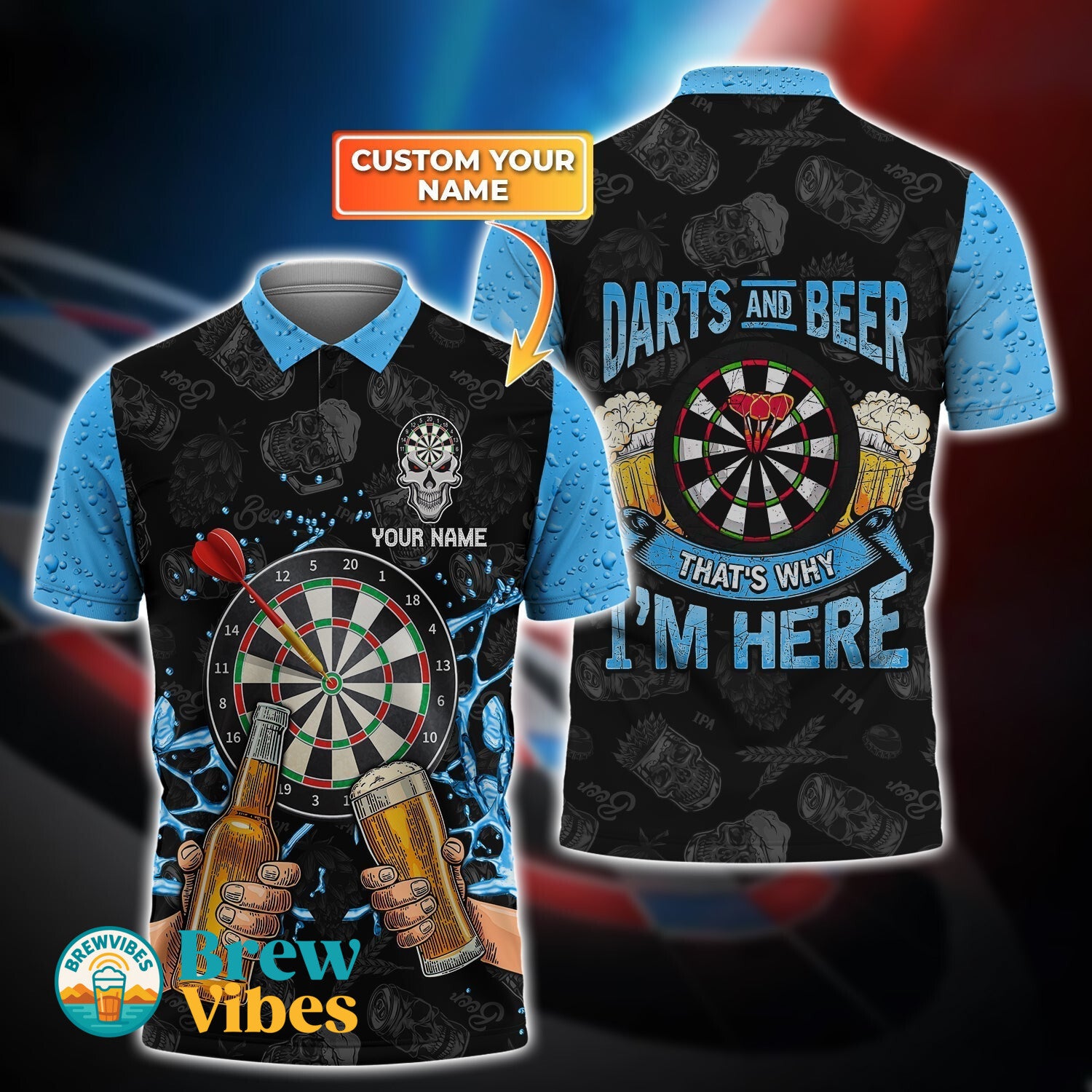Beer Darts 3D Polo Shirt Blue Personalized Name Darts Polo Shirt