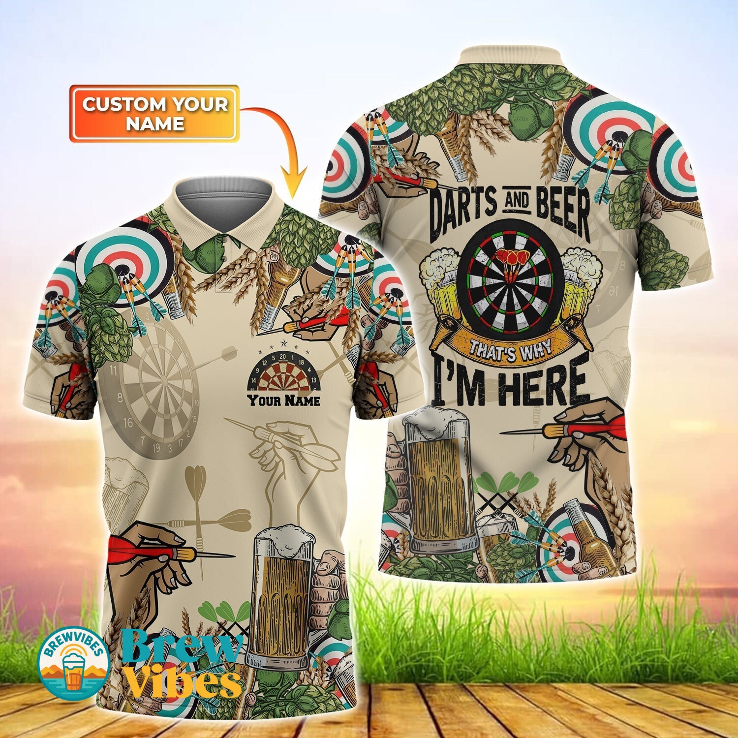 3D Full Printed Customized Name Darts And Beer Polo Shirt Gifts For Darts Fans